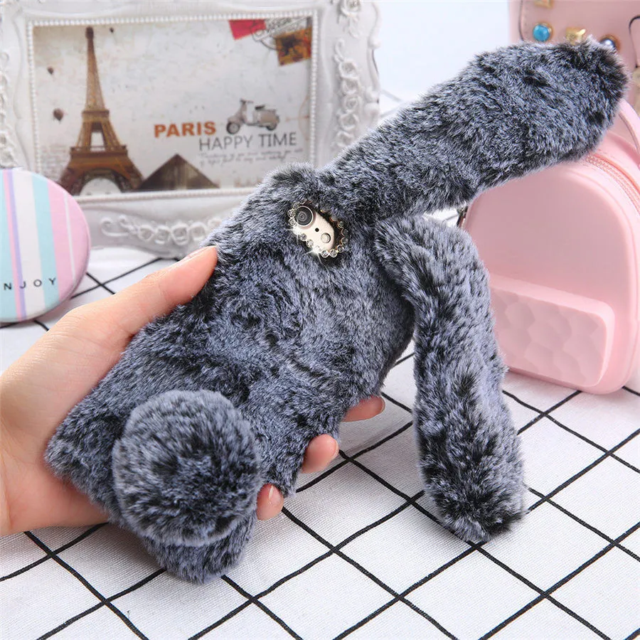 Cute Rabbit Soft Plush Phone Case for iPhone dark gray