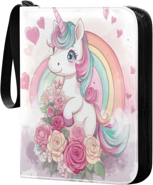 Cute Unicorn with Colorful Hair Cards Binder 4 Pocket Fits 400 Cards with 50 Removable Sleevesves, Trading Card Collector Zipper Album Holder Portable Card Games Display Storage Cases
