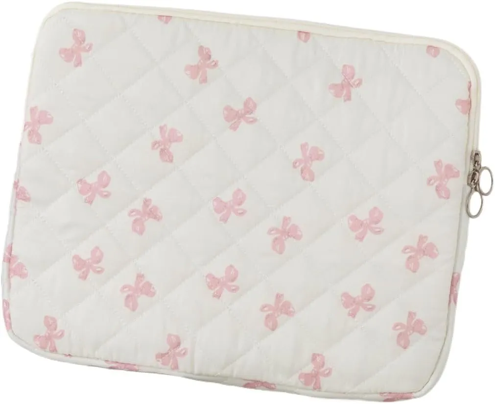 Cutecore Bow Puffy Quilted Laptop Sleeve Y2K Preppy Tablet Protective Case Girly Coquette Aesthetic Notebook Pouch (Pink,15 inch)