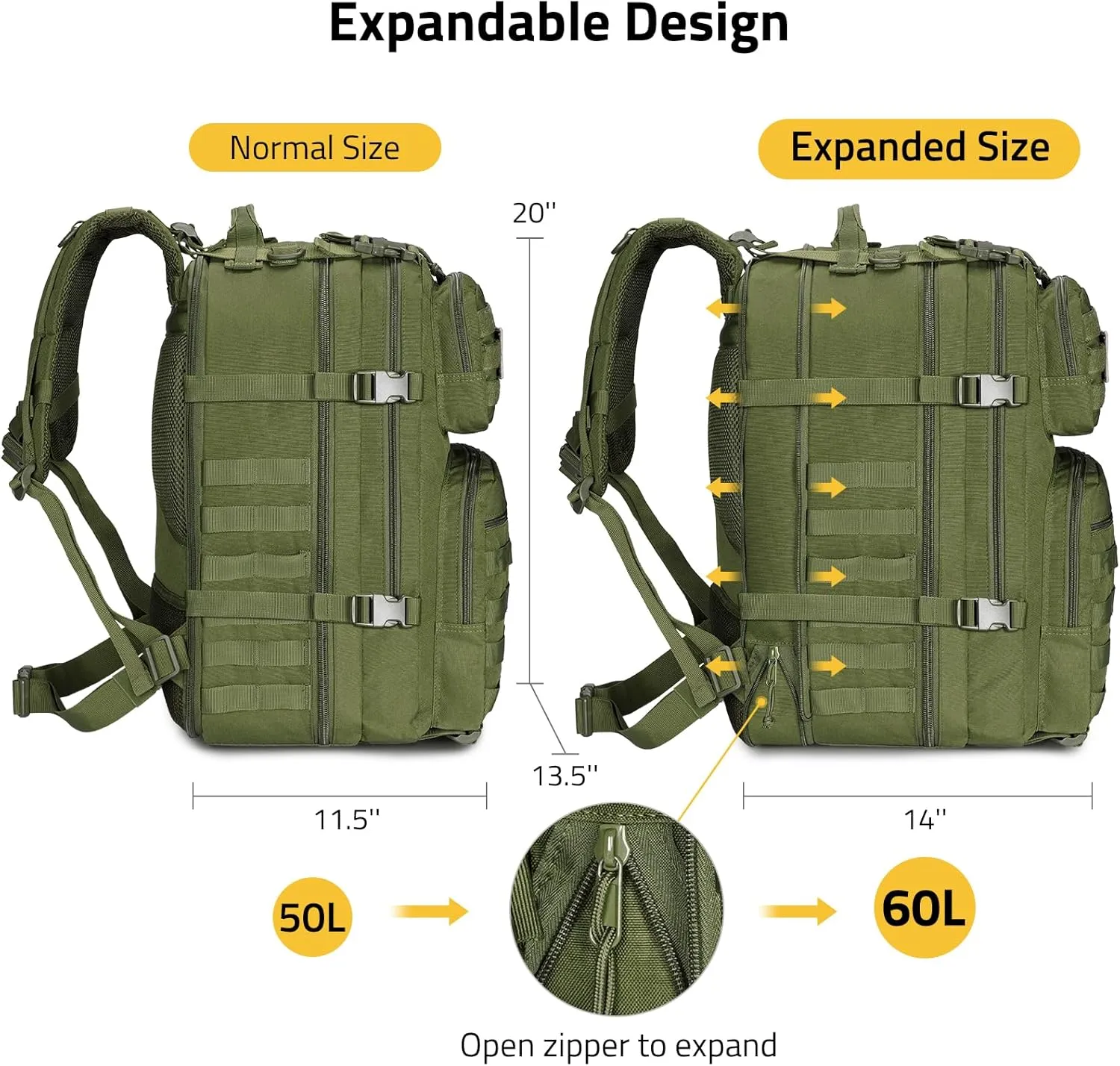 CVLIFE 60L-50L Large Tactical Backpack for Men, 900D Heavy Duty Bug out Bag, Expandable Molle Military Backpack, Army 3 Day Assault Pack Rucking Bag for Hunting, Hiking, Camping, Green