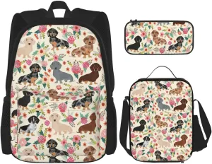 Dachshund Floral Print Versatile Adjustable Shoulder Fashion Backpack Lunch Bag Pencil Case Large Capacity