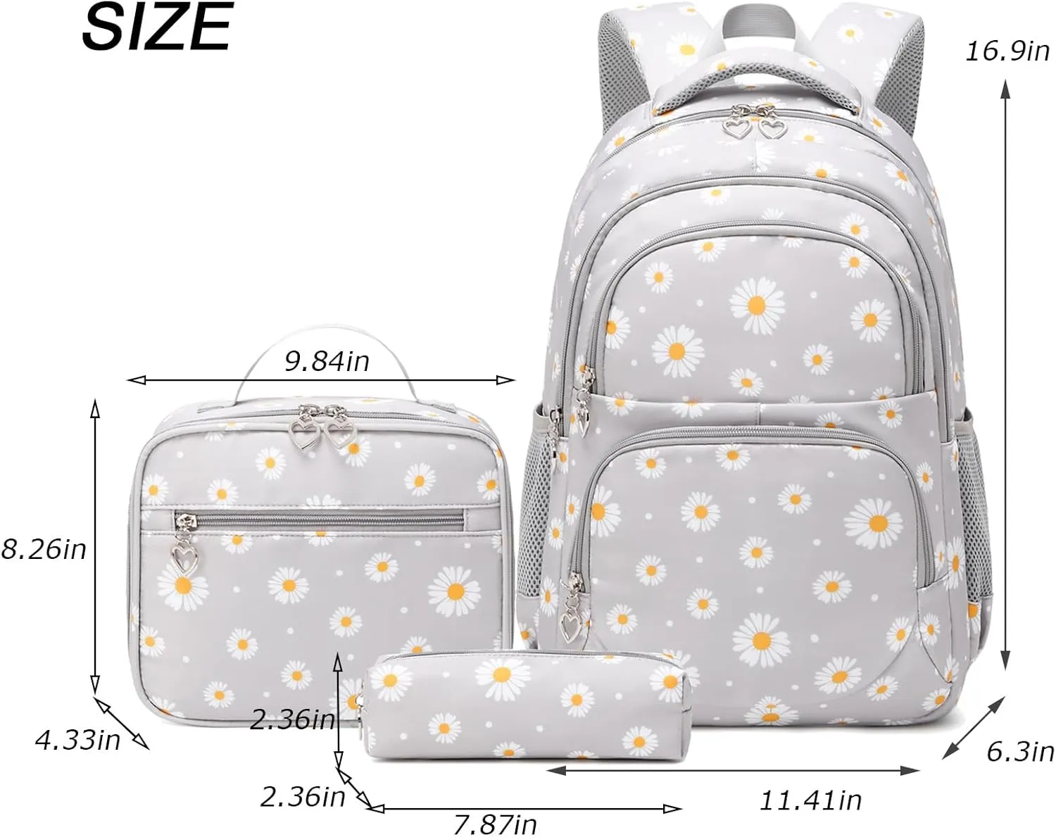 Daisy Printed Backpack for Girl Kid 3pcs Set Bookbag with Lunch Box Daypack, Elementary School bag for Teen Girls