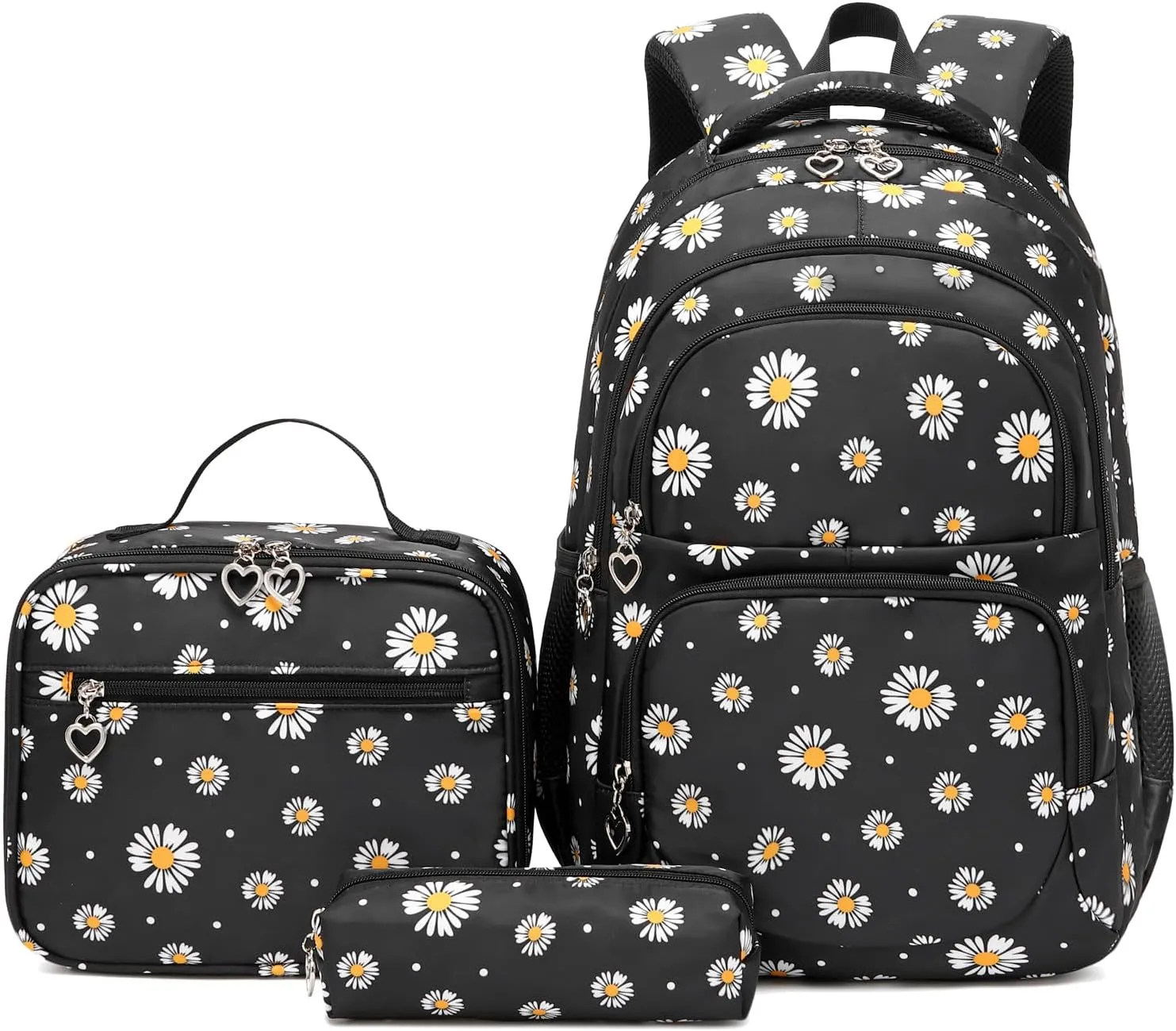 Daisy Printed Backpack for Girl Kid 3pcs Set Bookbag with Lunch Box Daypack, Elementary School bag for Teen Girls