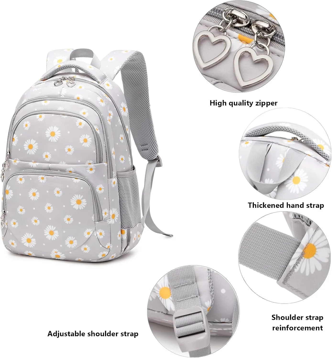 Daisy Printed Backpack for Girl Kid 3pcs Set Bookbag with Lunch Box Daypack, Elementary School bag for Teen Girls