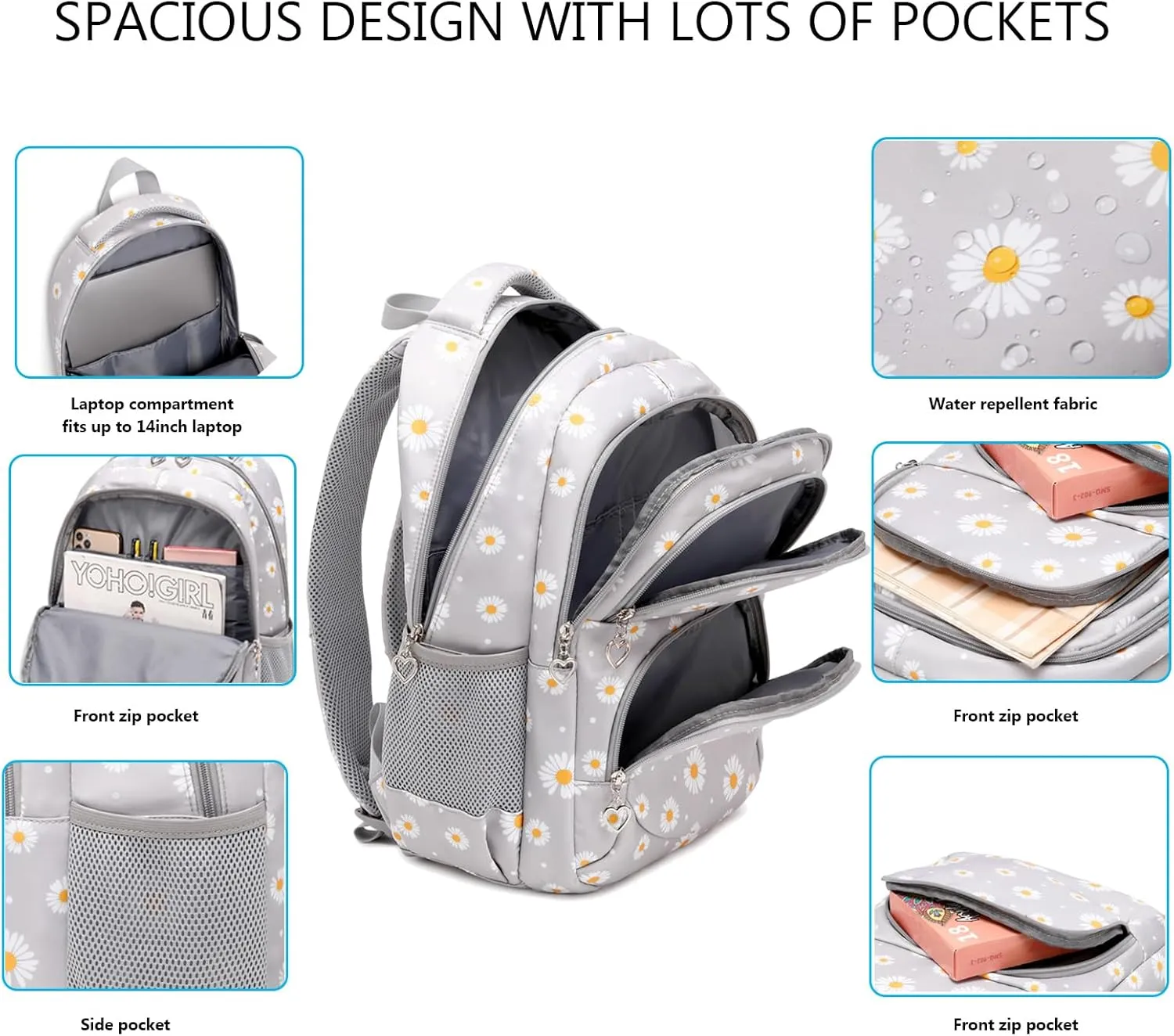 Daisy Printed Backpack for Girl Kid 3pcs Set Bookbag with Lunch Box Daypack, Elementary School bag for Teen Girls