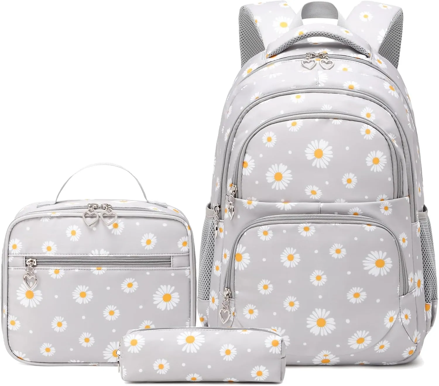 Daisy Printed Backpack for Girl Kid 3pcs Set Bookbag with Lunch Box Daypack, Elementary School bag for Teen Girls