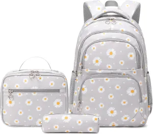 Daisy Printed Backpack for Girl Kid 3pcs Set Bookbag with Lunch Box Daypack, Elementary School bag for Teen Girls