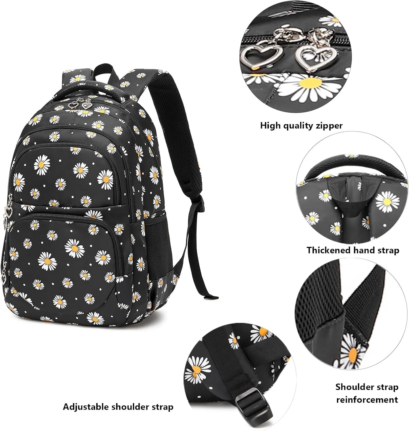 Daisy Printed Backpack for Girl Kid 3pcs Set Bookbag with Lunch Box Daypack, Elementary School bag for Teen Girls