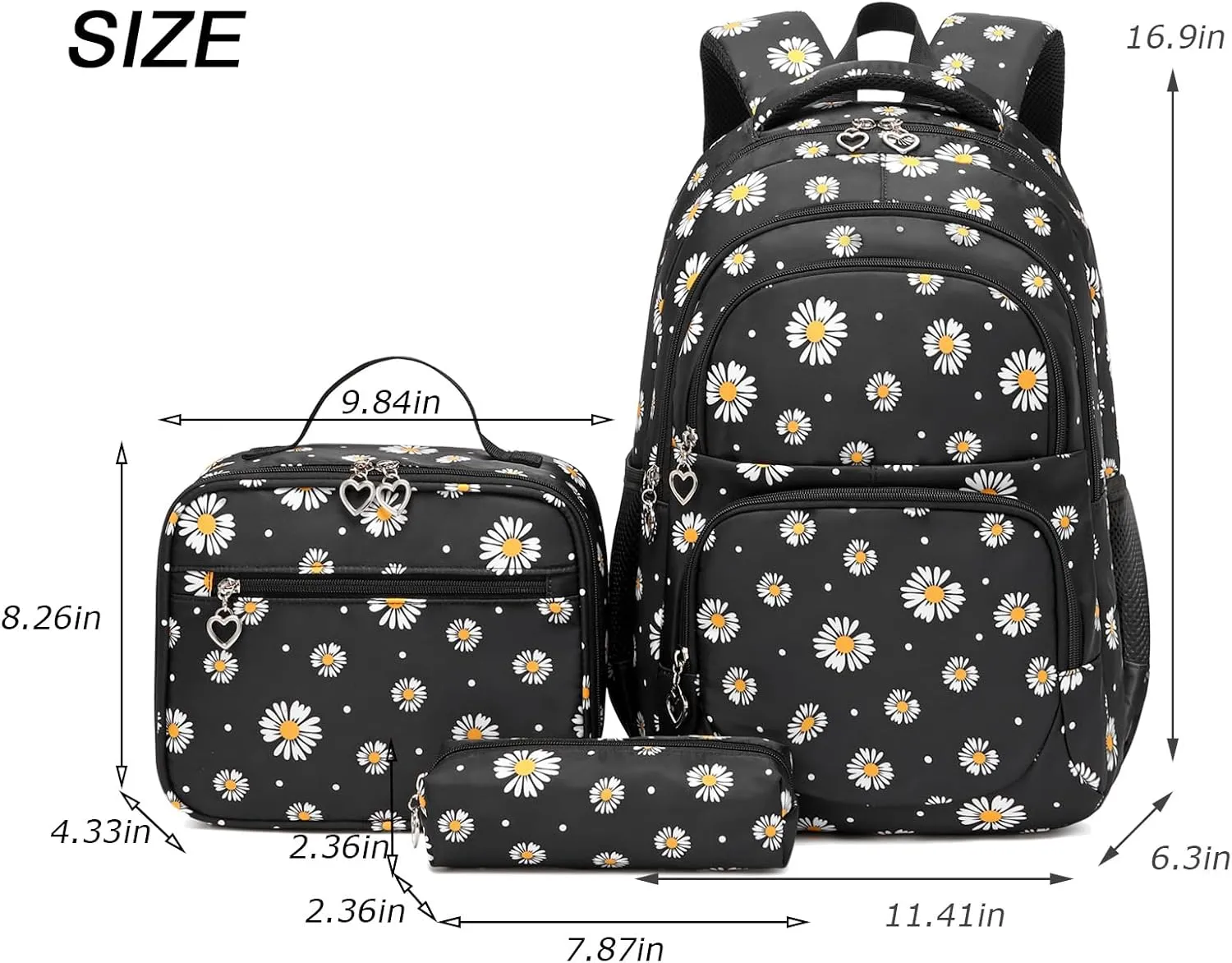 Daisy Printed Backpack for Girl Kid 3pcs Set Bookbag with Lunch Box Daypack, Elementary School bag for Teen Girls