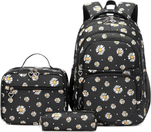 Daisy Printed Backpack for Girl Kid 3pcs Set Bookbag with Lunch Box Daypack, Elementary School bag for Teen Girls