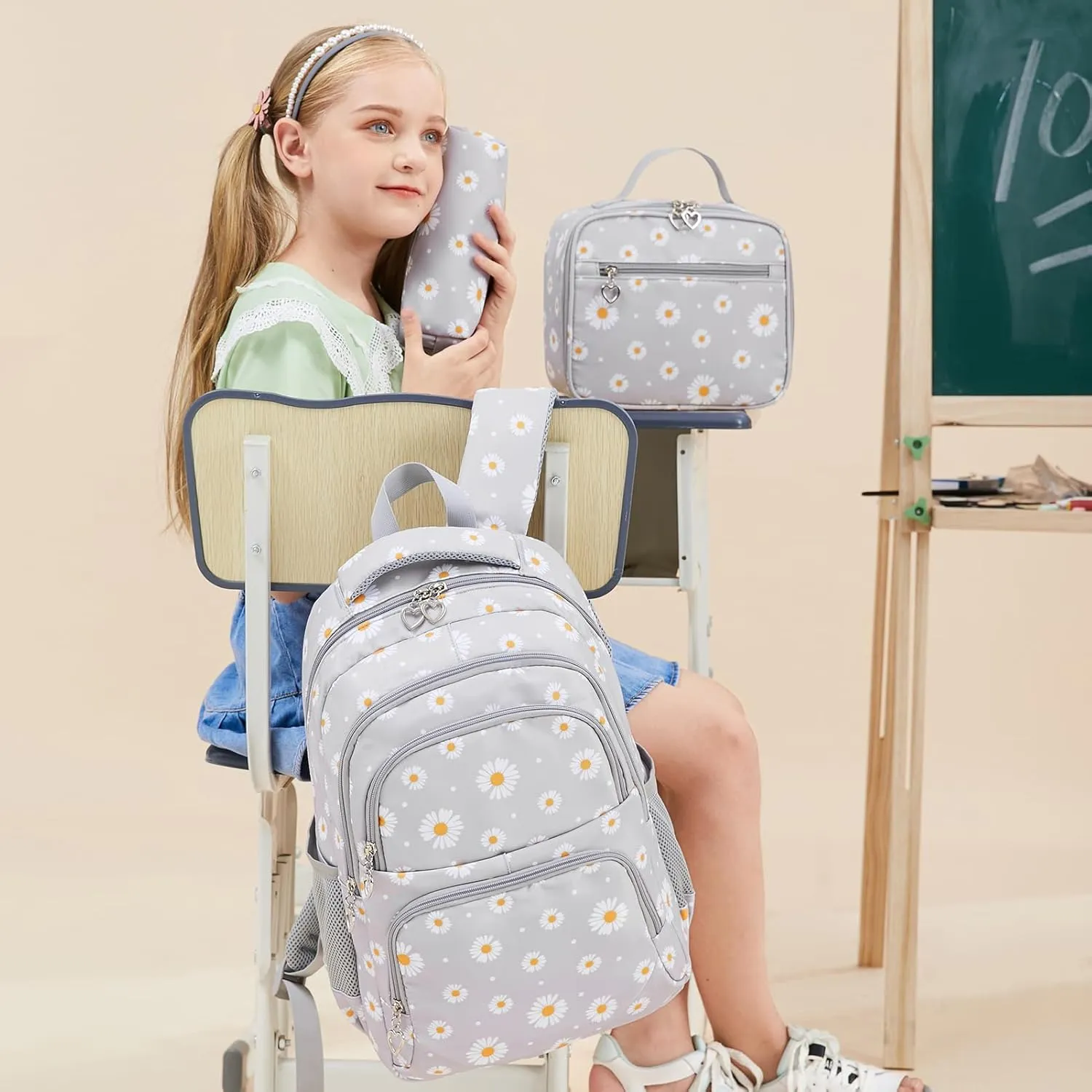 Daisy Printed Backpack for Girl Kid 3pcs Set Bookbag with Lunch Box Daypack, Elementary School bag for Teen Girls