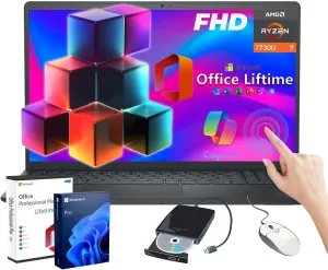 Dell Inspiron-15 3535 Touchscreen Laptop Computer - w/Office Lifetime • 15.6" Full HD • Ryzen 7 7730U(up to 4.5 GHz) • Long Battery Life • Win 11 PRO for Person Use or Business Work(64GB RAM, 2TB SSD)