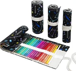 DIYOMR 24/36/72 Slots Pencil Wrap Pencil Rolls, Artist Colored Pencils Roll Up Bag Short Brushes Pouch Case Pencils Organizer for Drawing Coloring and Sketching (Constellation, 72slots)