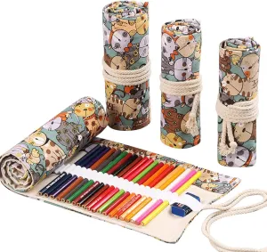 DIYOMR 24/36/72 Slots Pencil Wrap Pencil Rolls, Artist Colored Pencils Roll Up Bag Short Brushes Pouch Case Pencils Organizer for Drawing Coloring and Sketching, NO PENCILS (Cuddly Cat, 72slots)