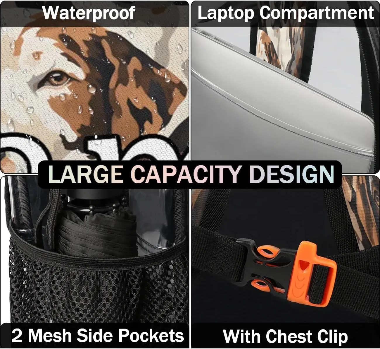 Dog Printing Personalized Clear Backpack Custom Waterproof PVC Transparent Backpack with Name Heavy Duty Transparent Bag for Work Travel Concerts