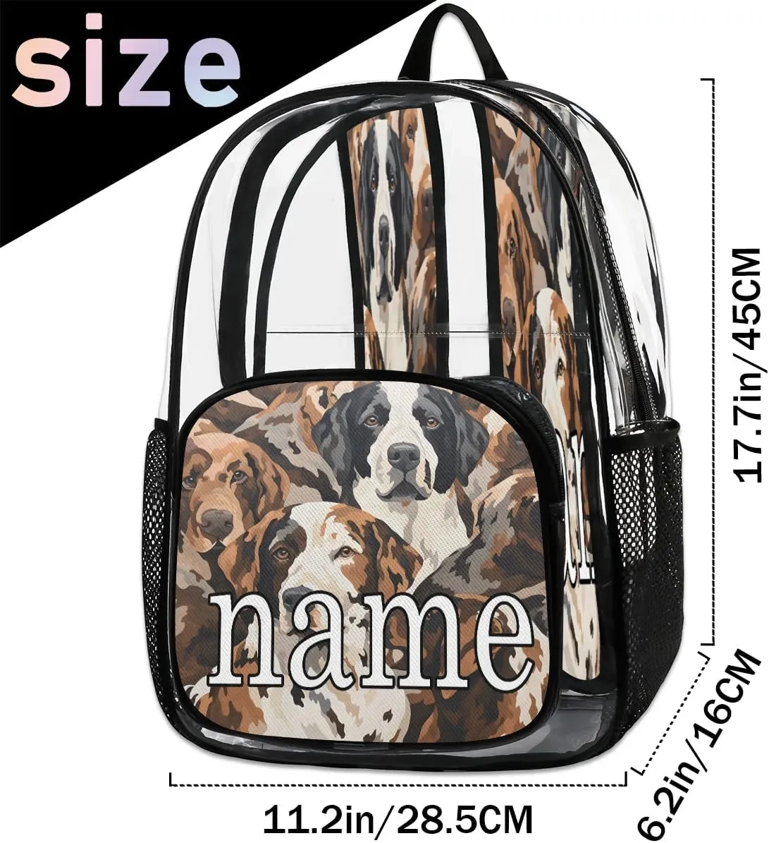 Dog Printing Personalized Clear Backpack Custom Waterproof PVC Transparent Backpack with Name Heavy Duty Transparent Bag for Work Travel Concerts