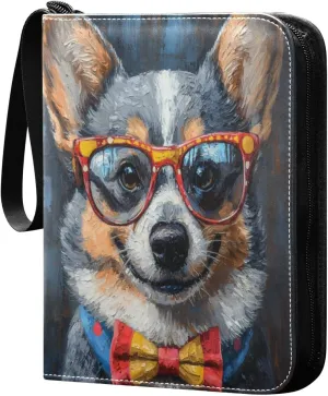 Dog with Colorful Glasses Cards Binder 4 Pocket Fits 400 Cards with 50 Removable Sleevesves, Trading Card Collector Zipper Album Holder Portable Card Games Display Storage Cases