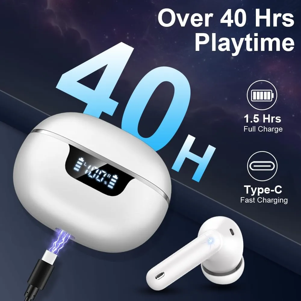Earbuds Wireless Bluetooth 5.4 Headphones Noise Cancelling, 40H Playtime Bluetooth Ear Bud with Dynamic Drivers Stereo, Earphone Wireless Headset with LED Power Display for Laptop Pad Phones
