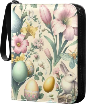 Easter Day Floral and Eggs Card Binder 4 Pocket Trading Card Album Fits 400 Sports/Game Cards, PU Cover 3 Ring Card Collection with 50 Removable Sleeves