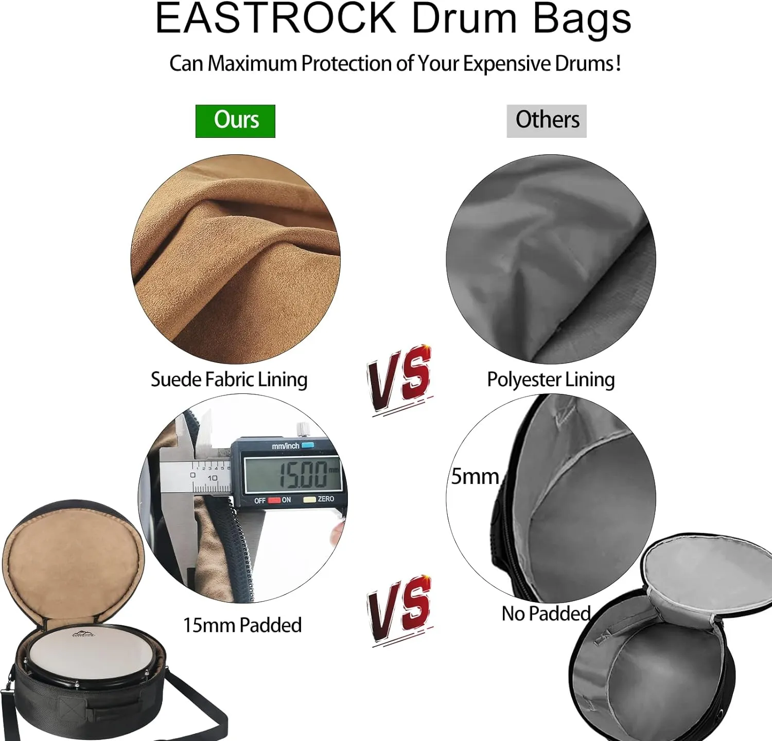 EASTROCK 5-Piece Drum Bag Set for 12" Tom, 13" Tom, 14" Snare, 16" Floor Tom, 22" Bass Drum, Drum Cases (5 Pieces)