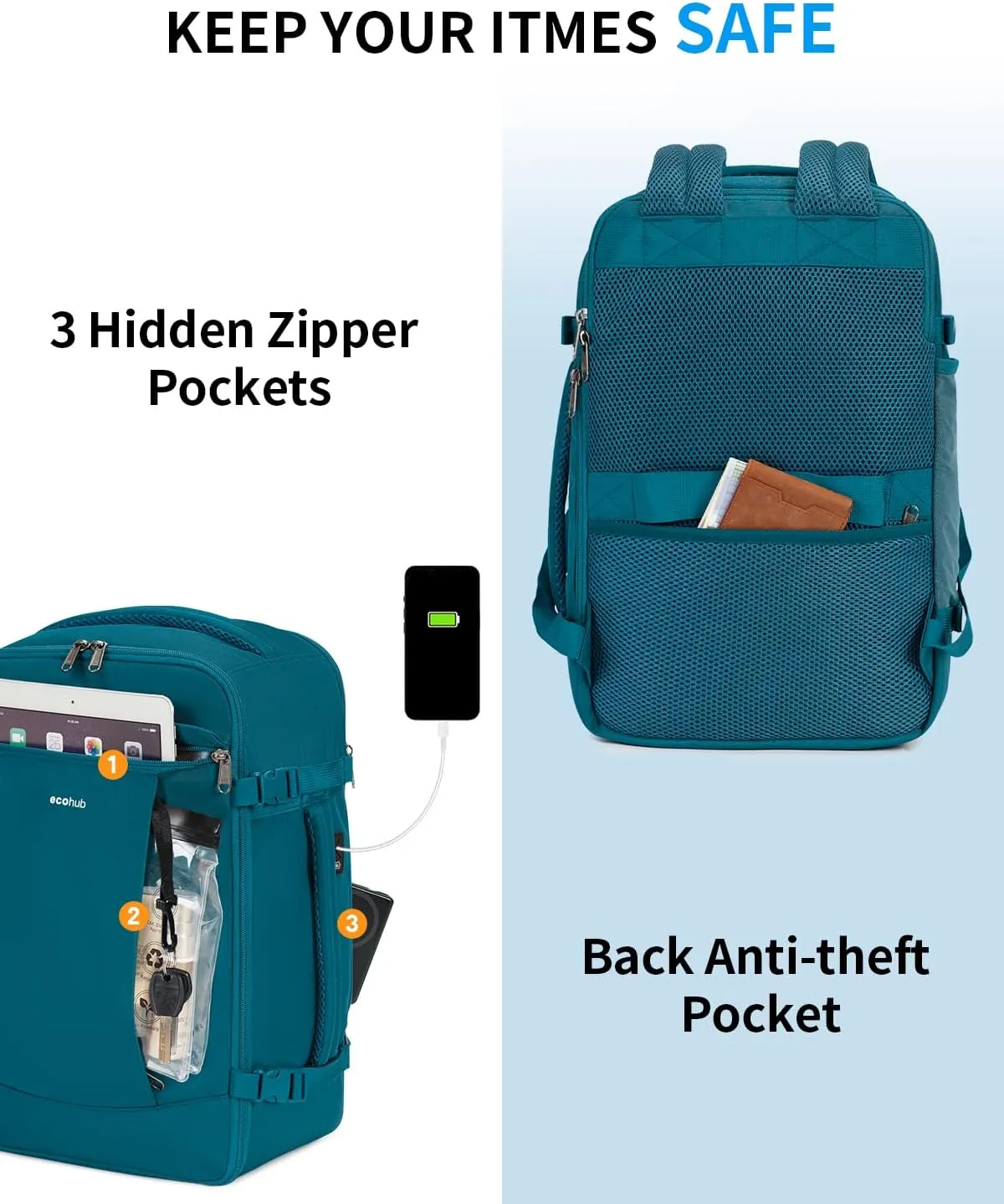 ECOHUB Travel Backpack for Men Women, Carry on Backpack with USB Charging Hole, Spirit Airlines Personal Item Bag Flight Approved, 15.6 Inch Laptop Backpack with Anti Theft Pockets, 30L, Blue Green