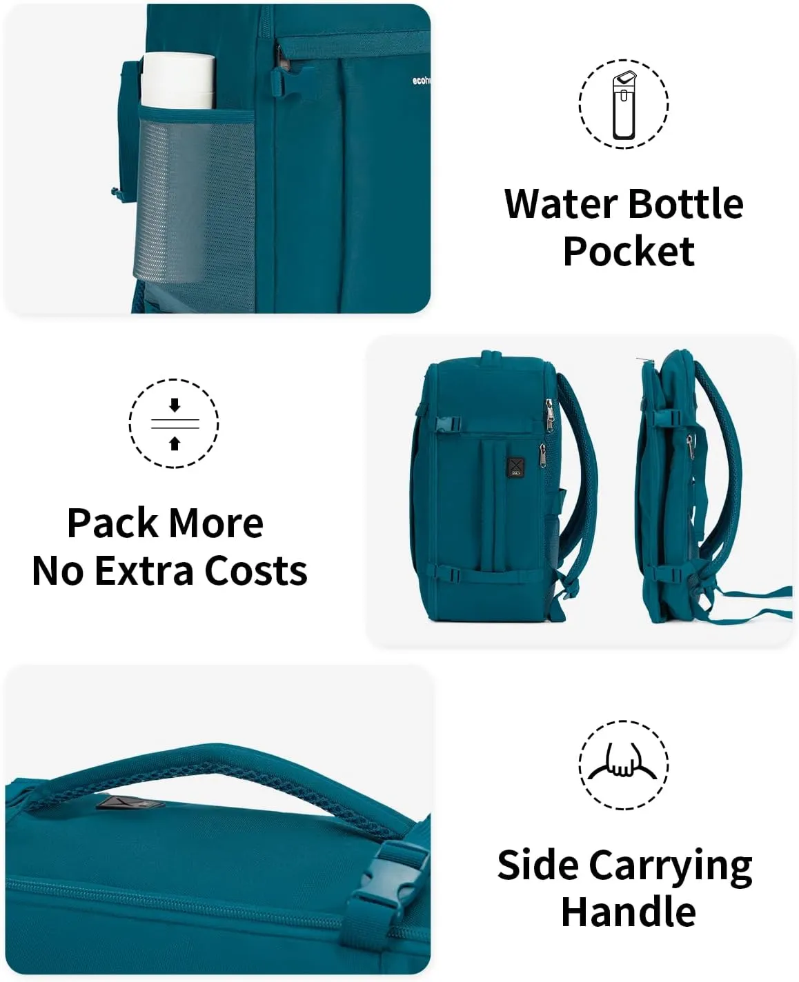 ECOHUB Travel Backpack for Men Women, Carry on Backpack with USB Charging Hole, Spirit Airlines Personal Item Bag Flight Approved, 15.6 Inch Laptop Backpack with Anti Theft Pockets, 30L, Blue Green