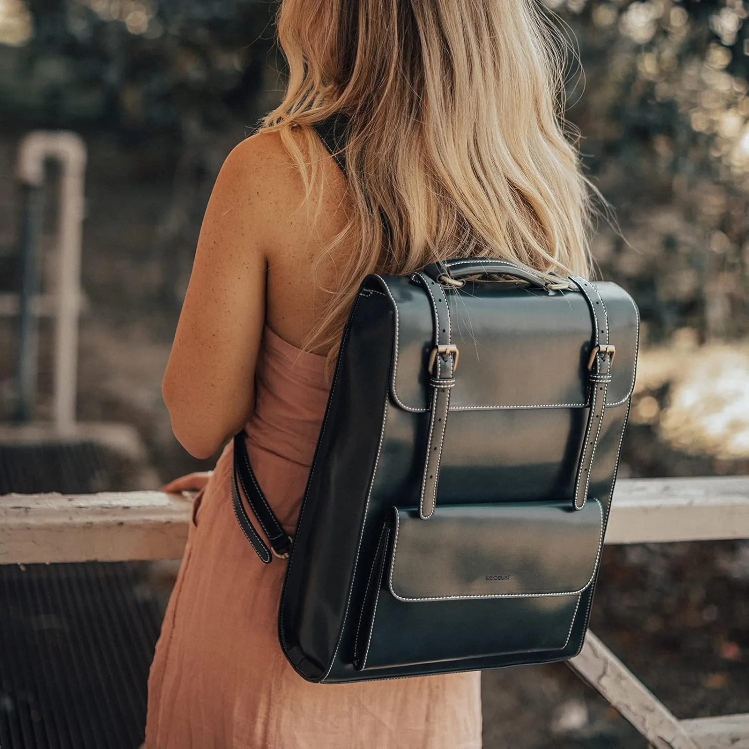 ECOSUSI Laptop Backpack for Women PU Leather Backpack Vintage for Laptop 15.6 inches Computer Bag College Bookbag