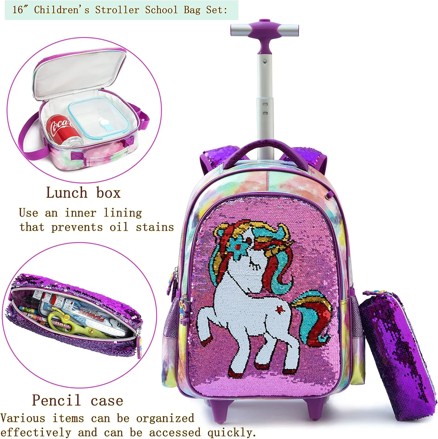 Egchescebo School Kids Rolling Backpack for Girls 3PCS With Trolley Wheeled Backpacks