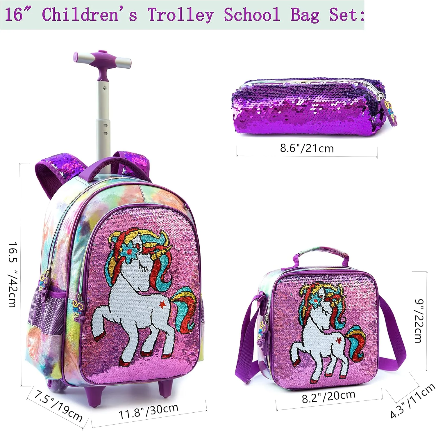 Egchescebo School Kids Rolling Backpack for Girls 3PCS With Trolley Wheeled Backpacks
