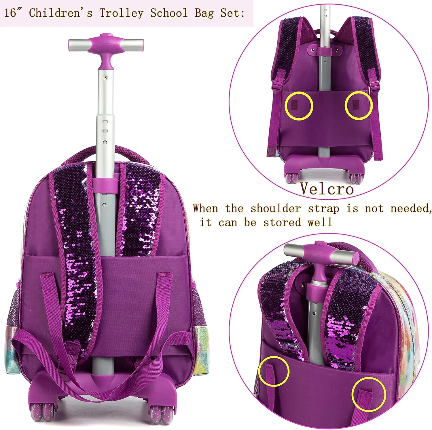Egchescebo School Kids Rolling Backpack for Girls 3PCS With Trolley Wheeled Backpacks