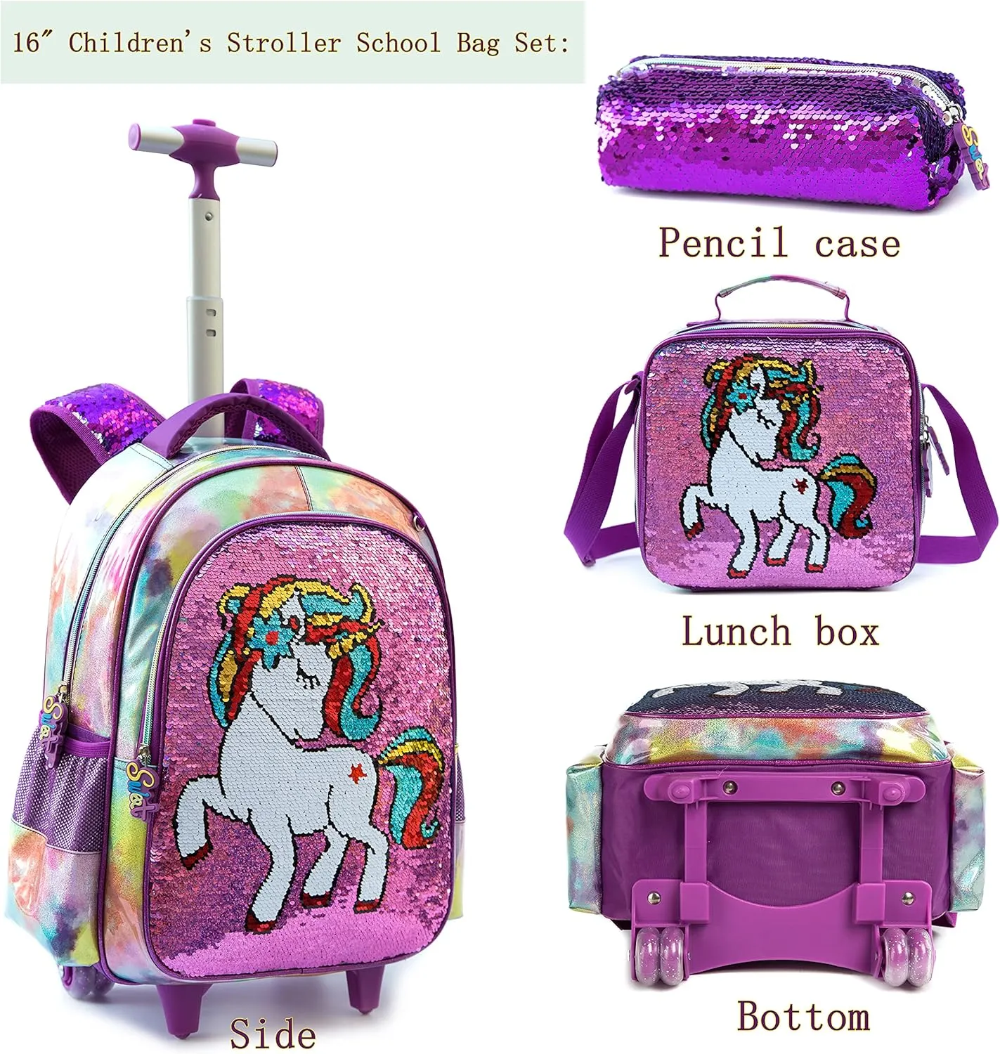 Egchescebo School Kids Rolling Backpack for Girls 3PCS With Trolley Wheeled Backpacks