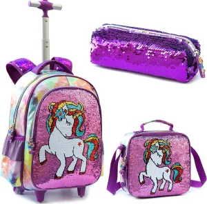 Egchescebo School Kids Rolling Backpack for Girls 3PCS With Trolley Wheeled Backpacks