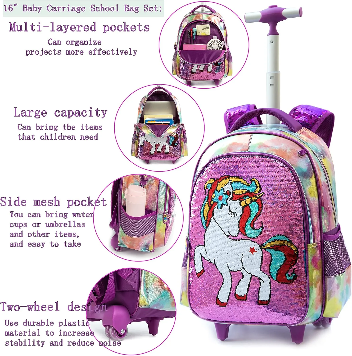 Egchescebo School Kids Rolling Backpack for Girls 3PCS With Trolley Wheeled Backpacks