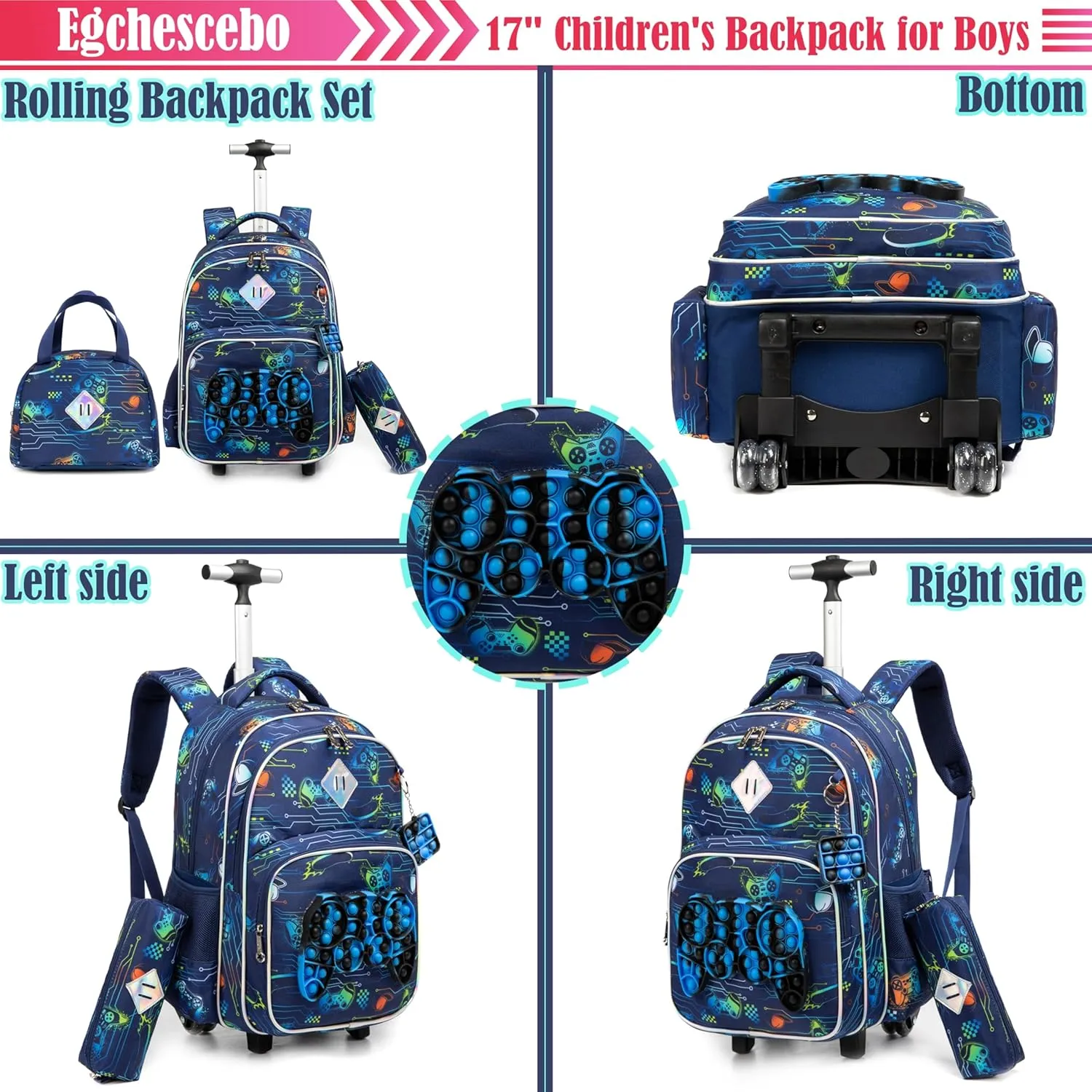 Egchescebo School Kids Rolling Backpack for Girls With Wheels Trolley Wheeled Backpack