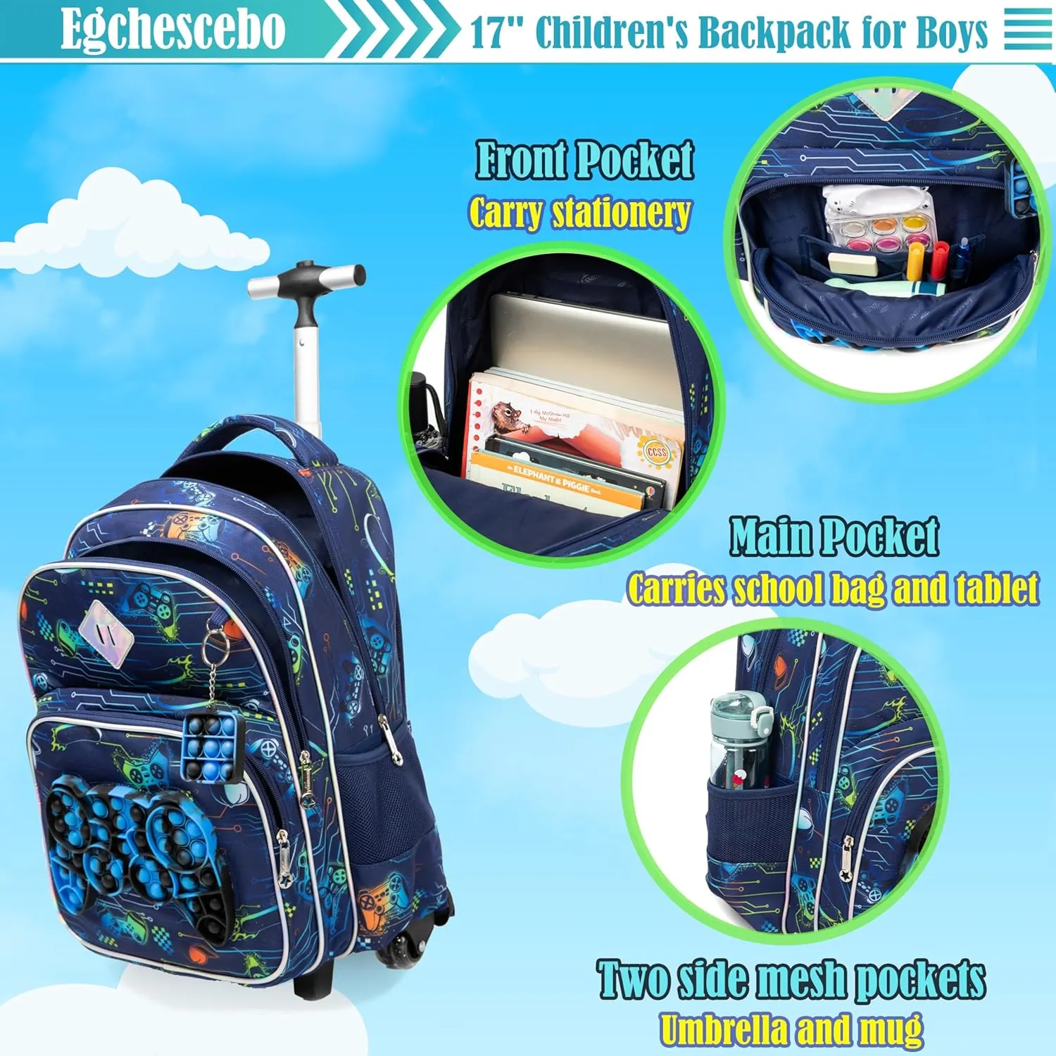 Egchescebo School Kids Rolling Backpack for Girls With Wheels Trolley Wheeled Backpack