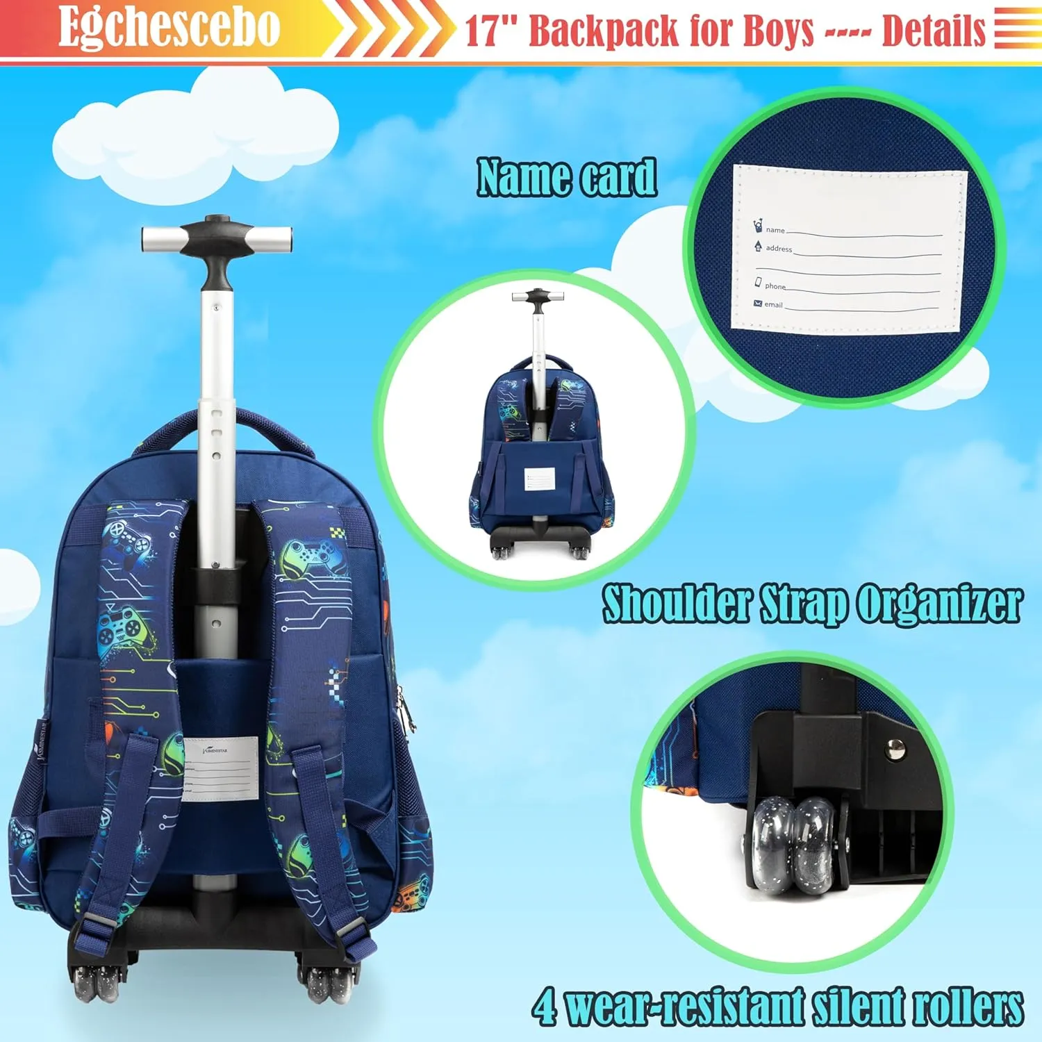 Egchescebo School Kids Rolling Backpack for Girls With Wheels Trolley Wheeled Backpack