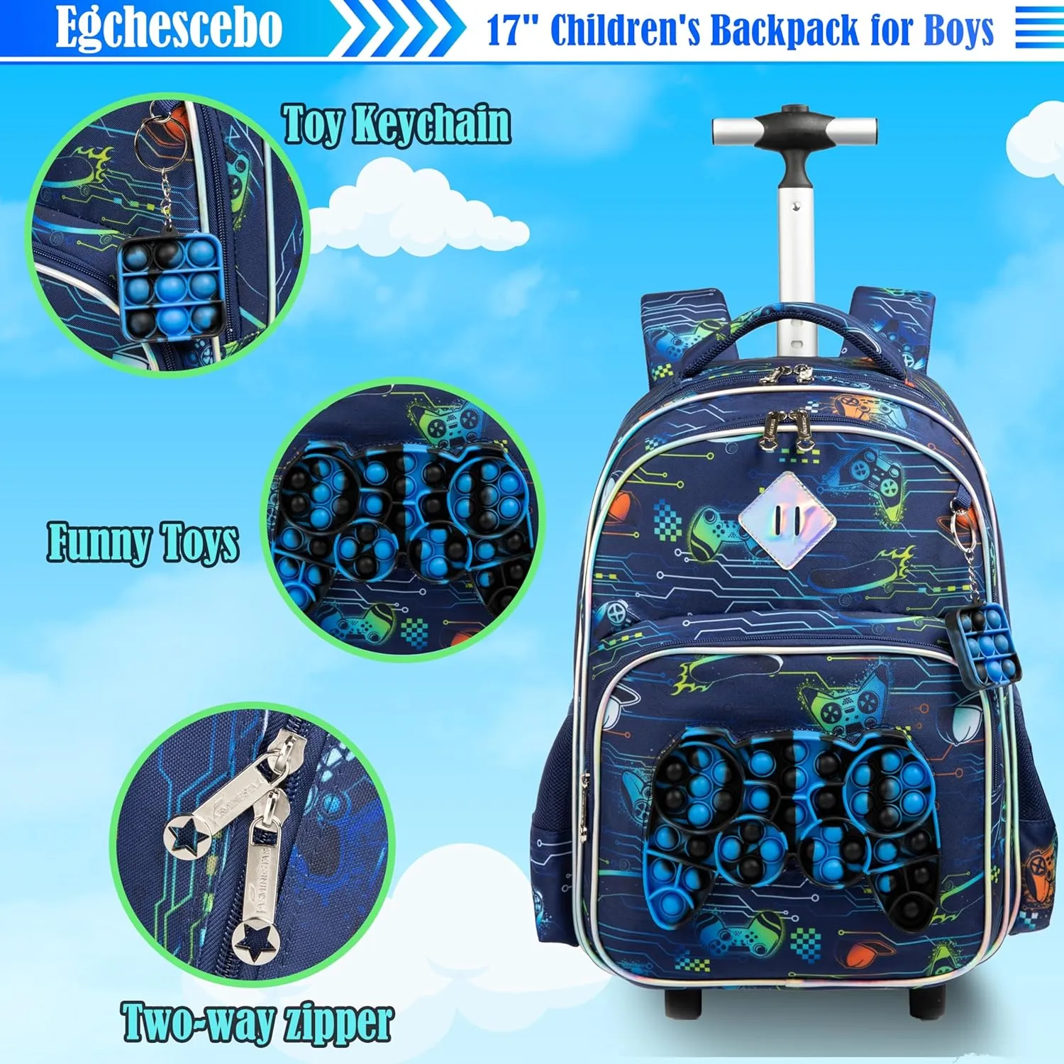 Egchescebo School Kids Rolling Backpack for Girls With Wheels Trolley Wheeled Backpack