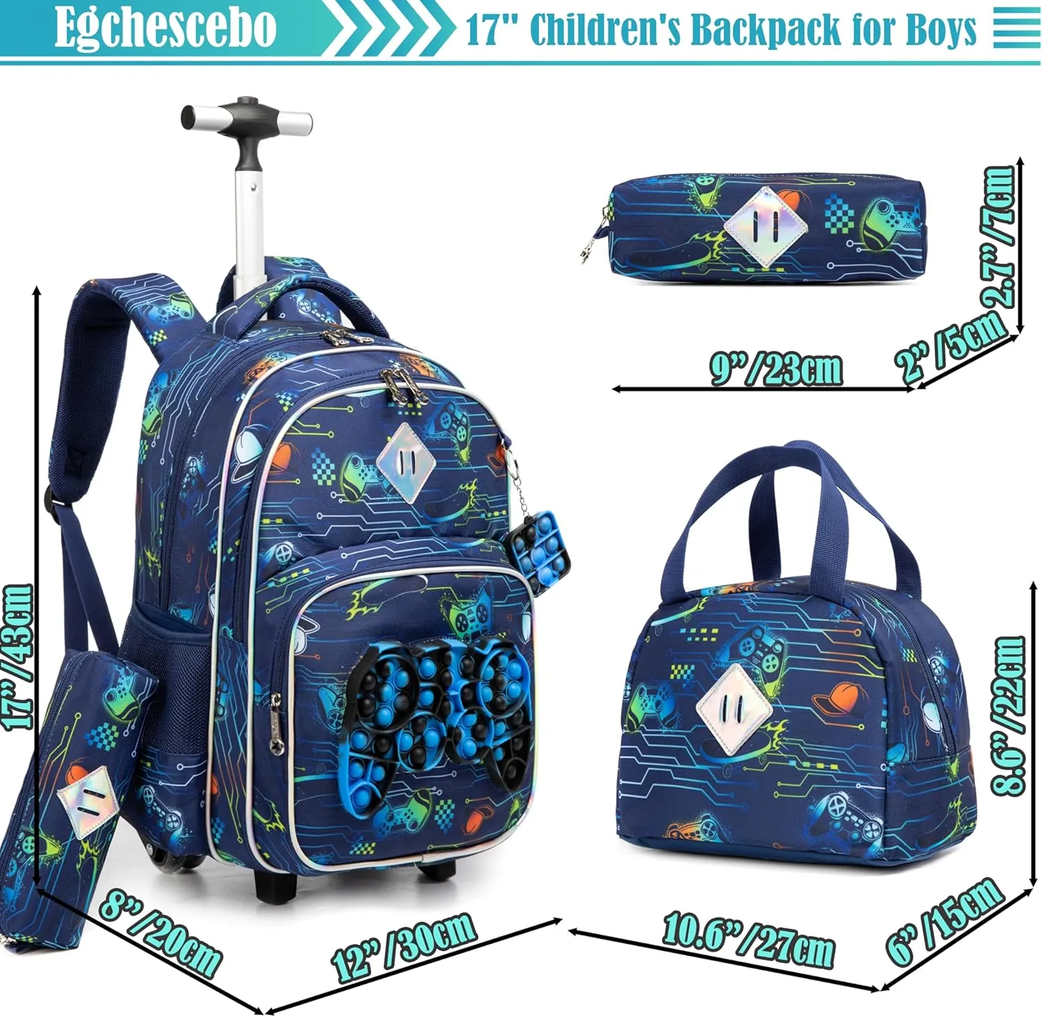 Egchescebo School Kids Rolling Backpack for Girls With Wheels Trolley Wheeled Backpack