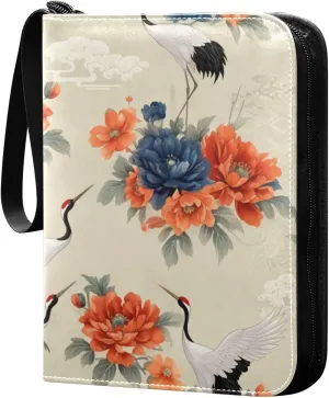 Elegant Floral Cranes Card Binder 4 Pocket Trading Card Album Fits 400 Sports/Game Cards, PU Cover 3 Ring Card Collection with 50 Removable Sleeves