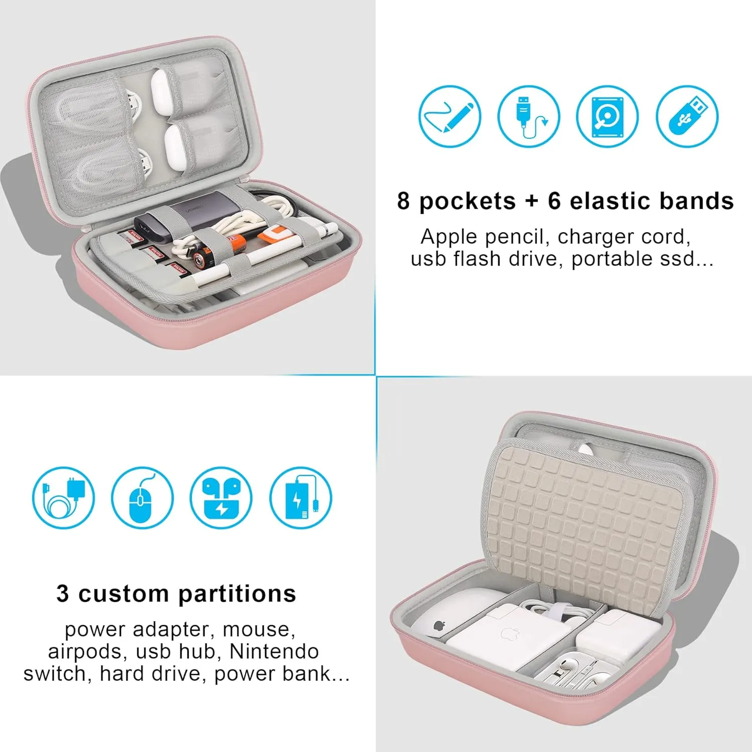 Elonbo Hard Travel Cords Organizer Universal Small Electronic Accessories Carrying Case for Chargers Cable MacBook Adapter Magic Mouse Apple Pencil USB Flash Disk Tech Portable Storage Bag, Rose Gold
