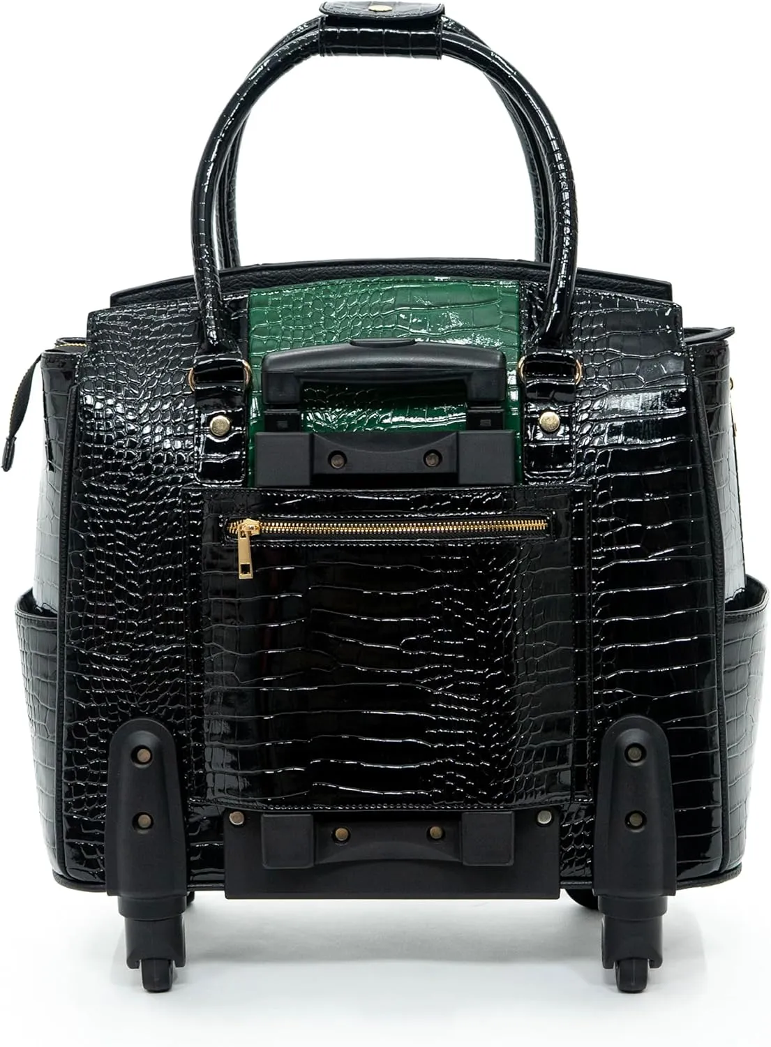 Emerald Green and Black Rolling Laptop Bag for Women – Premium Crocodile Embossed PU Leather Business Trolley – Stylish 17.3” Laptop Briefcase with Spinner Wheels