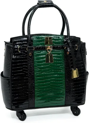 Emerald Green and Black Rolling Laptop Bag for Women – Premium Crocodile Embossed PU Leather Business Trolley – Stylish 17.3” Laptop Briefcase with Spinner Wheels