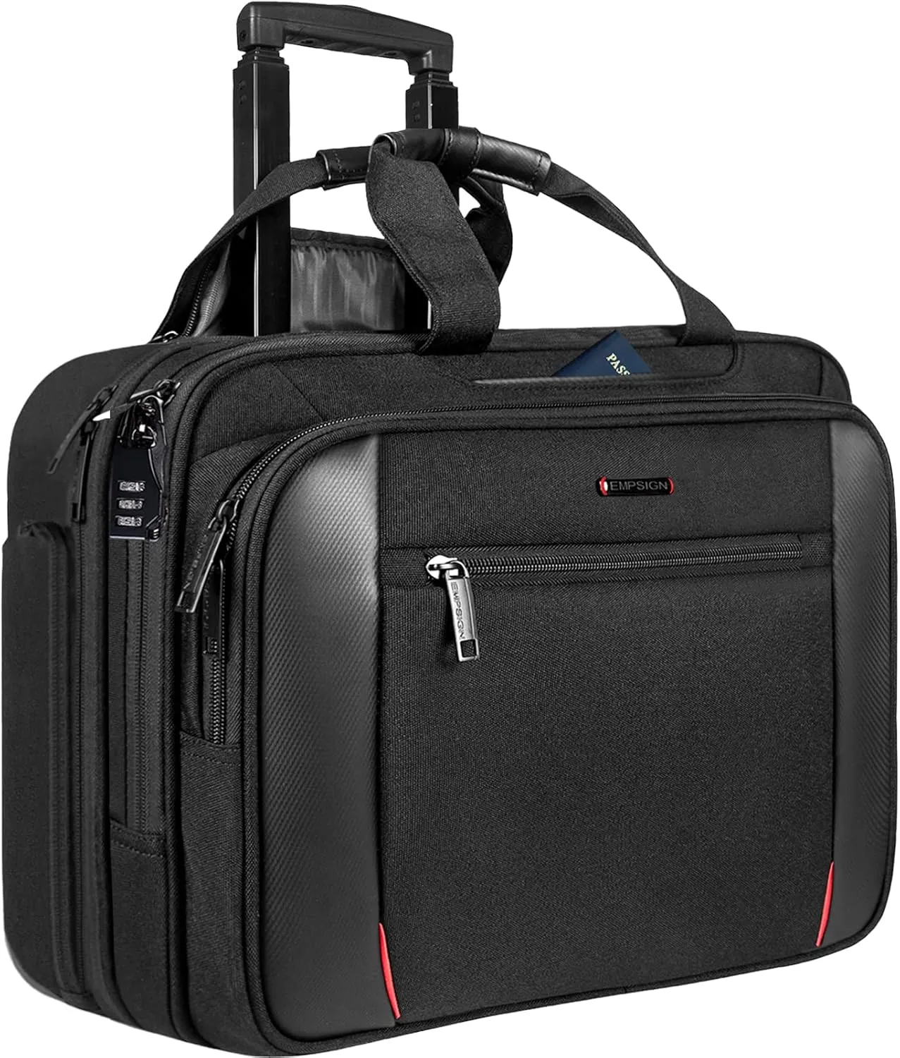 EMPSIGN Rolling Briefcase Laptop Bag,17.3" Computer bag with wheels, Water Repellent Travel Roller Underseat Bag with RFID Blocking Pocket,Rolling Work Bags for women/men -Black