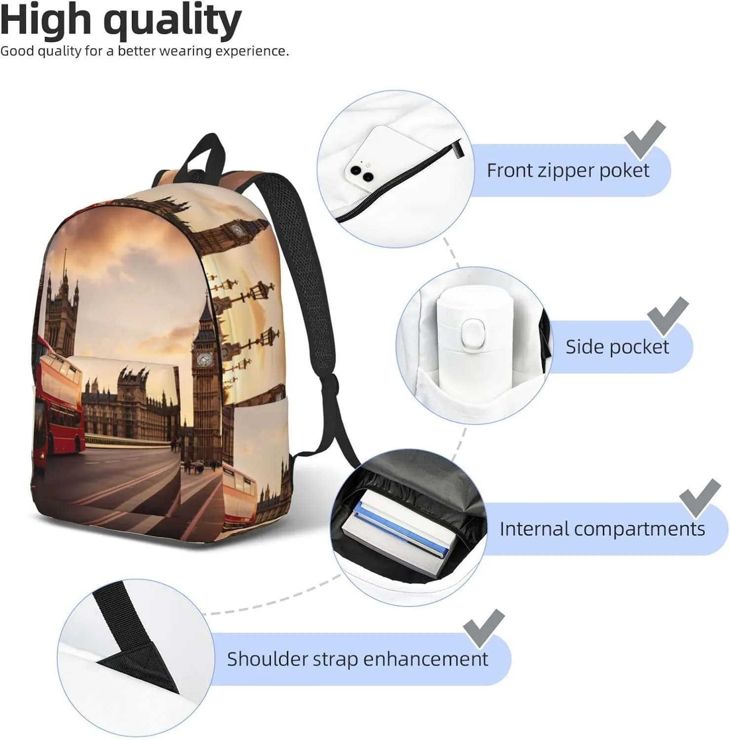 England Symbols Print Vintage Canvas Backpack,Travel Bag,Stylish And Lightweight With Multiple Pockets