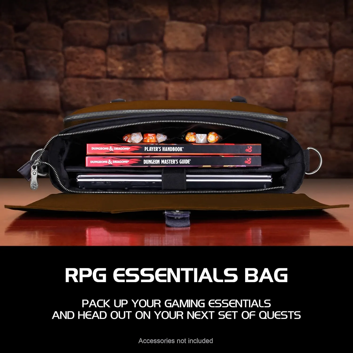 ENHANCE Collector's Edition RPG Player's Essentials DND Bag - Dragon Hide Exterior Messenger Bag Fits 2-4 Books, Binders, Dice & Accessories, with 17 inch Laptop Slot, Battlemap Straps (Dragon Brown)