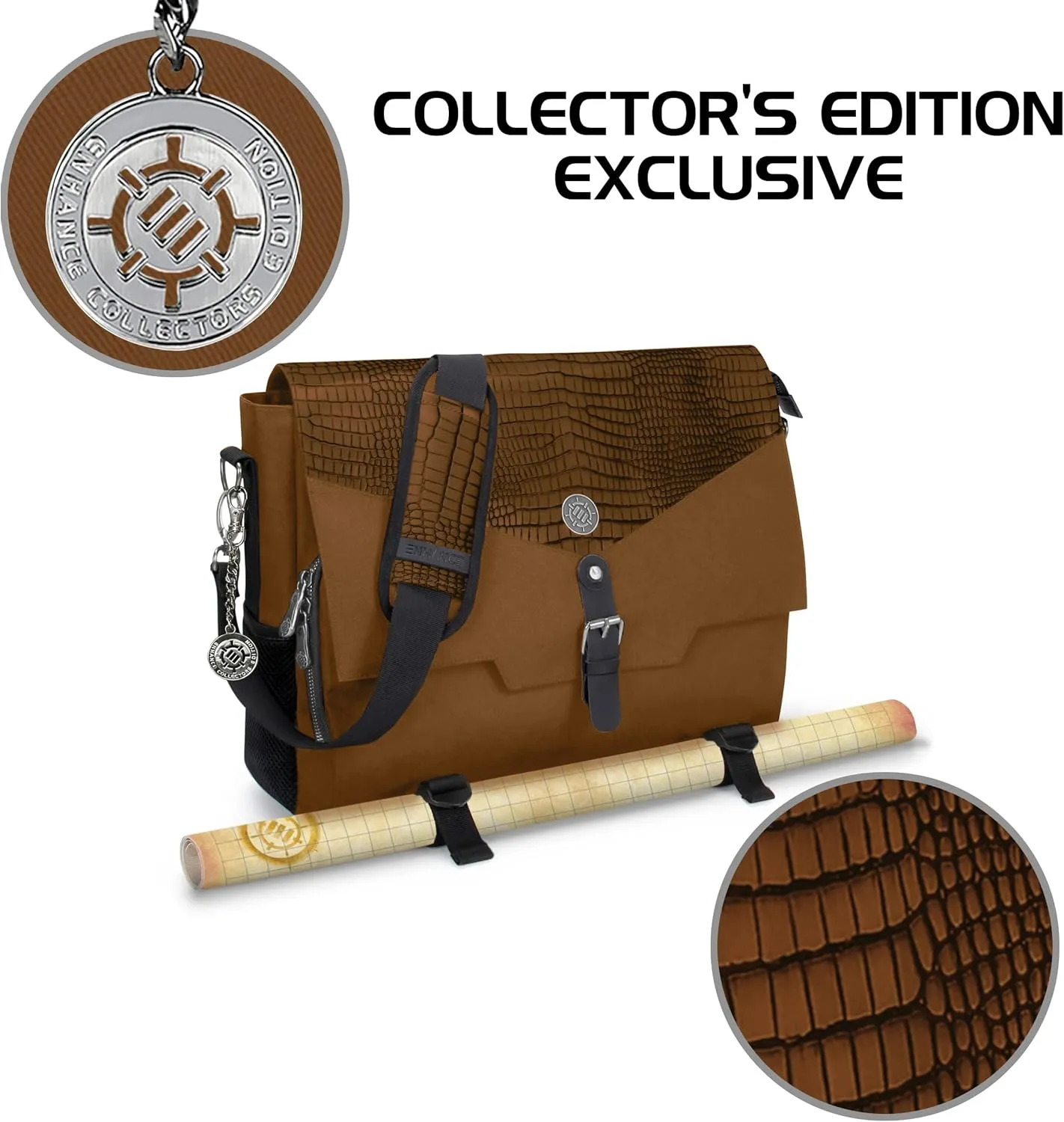 ENHANCE Collector's Edition RPG Player's Essentials DND Bag - Dragon Hide Exterior Messenger Bag Fits 2-4 Books, Binders, Dice & Accessories, with 17 inch Laptop Slot, Battlemap Straps (Dragon Brown)