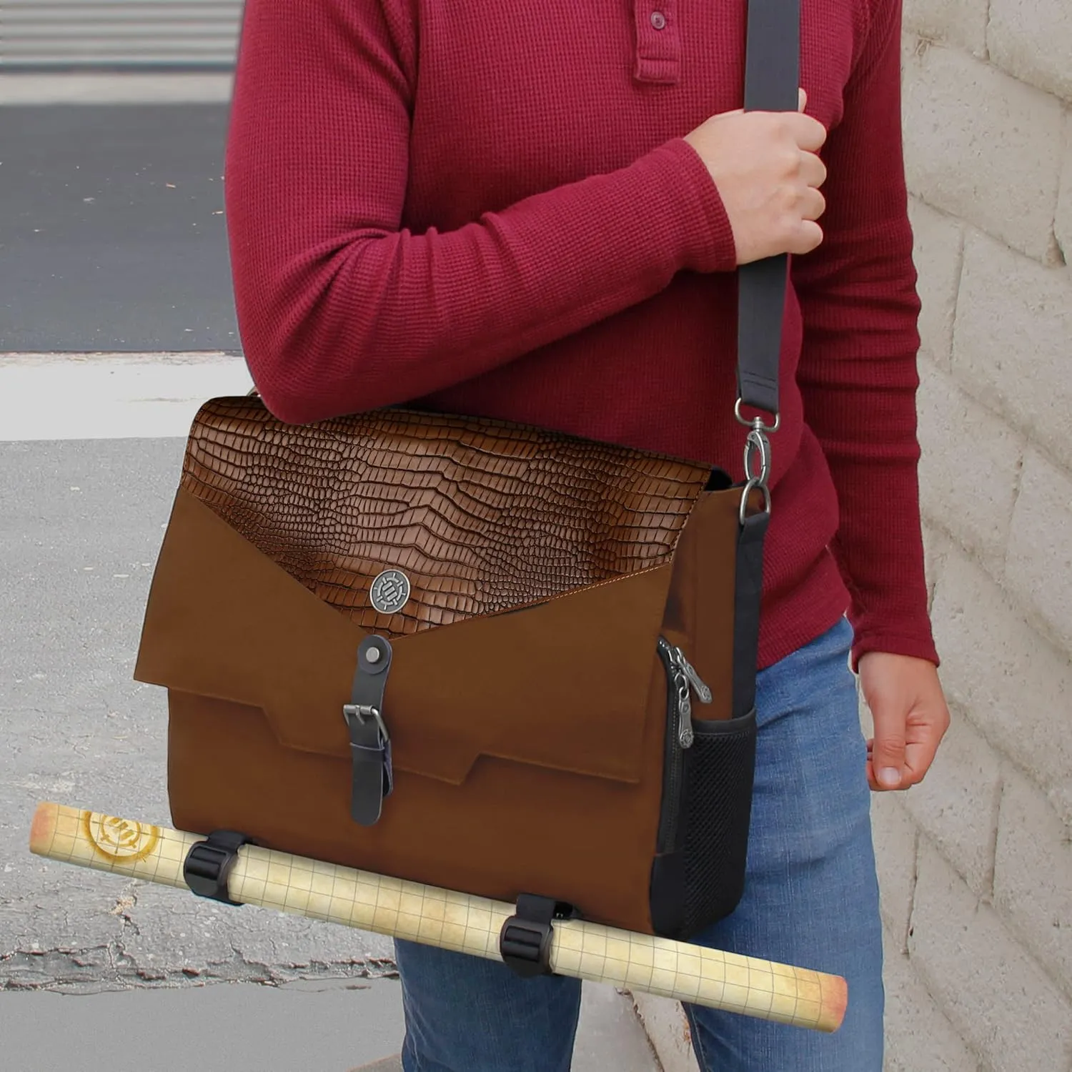 ENHANCE Collector's Edition RPG Player's Essentials DND Bag - Dragon Hide Exterior Messenger Bag Fits 2-4 Books, Binders, Dice & Accessories, with 17 inch Laptop Slot, Battlemap Straps (Dragon Brown)