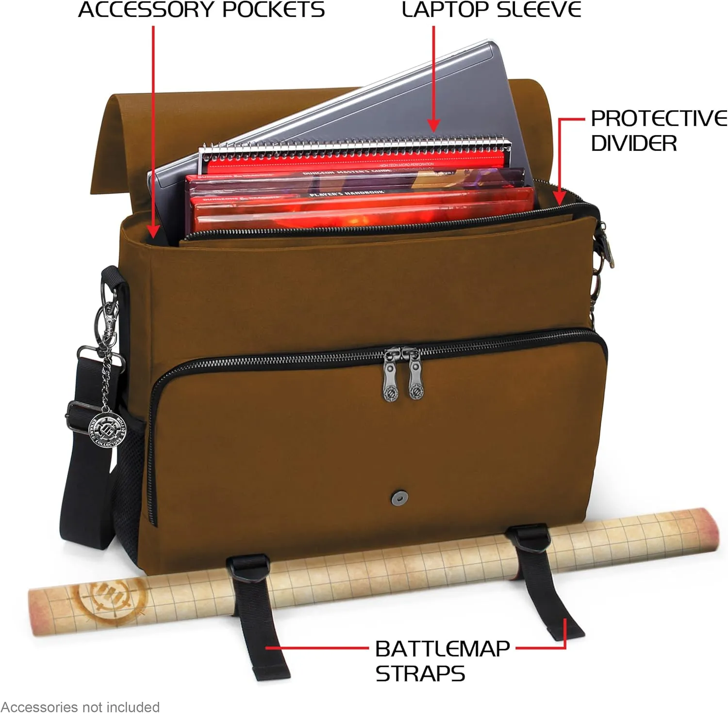 ENHANCE Collector's Edition RPG Player's Essentials DND Bag - Dragon Hide Exterior Messenger Bag Fits 2-4 Books, Binders, Dice & Accessories, with 17 inch Laptop Slot, Battlemap Straps (Dragon Brown)