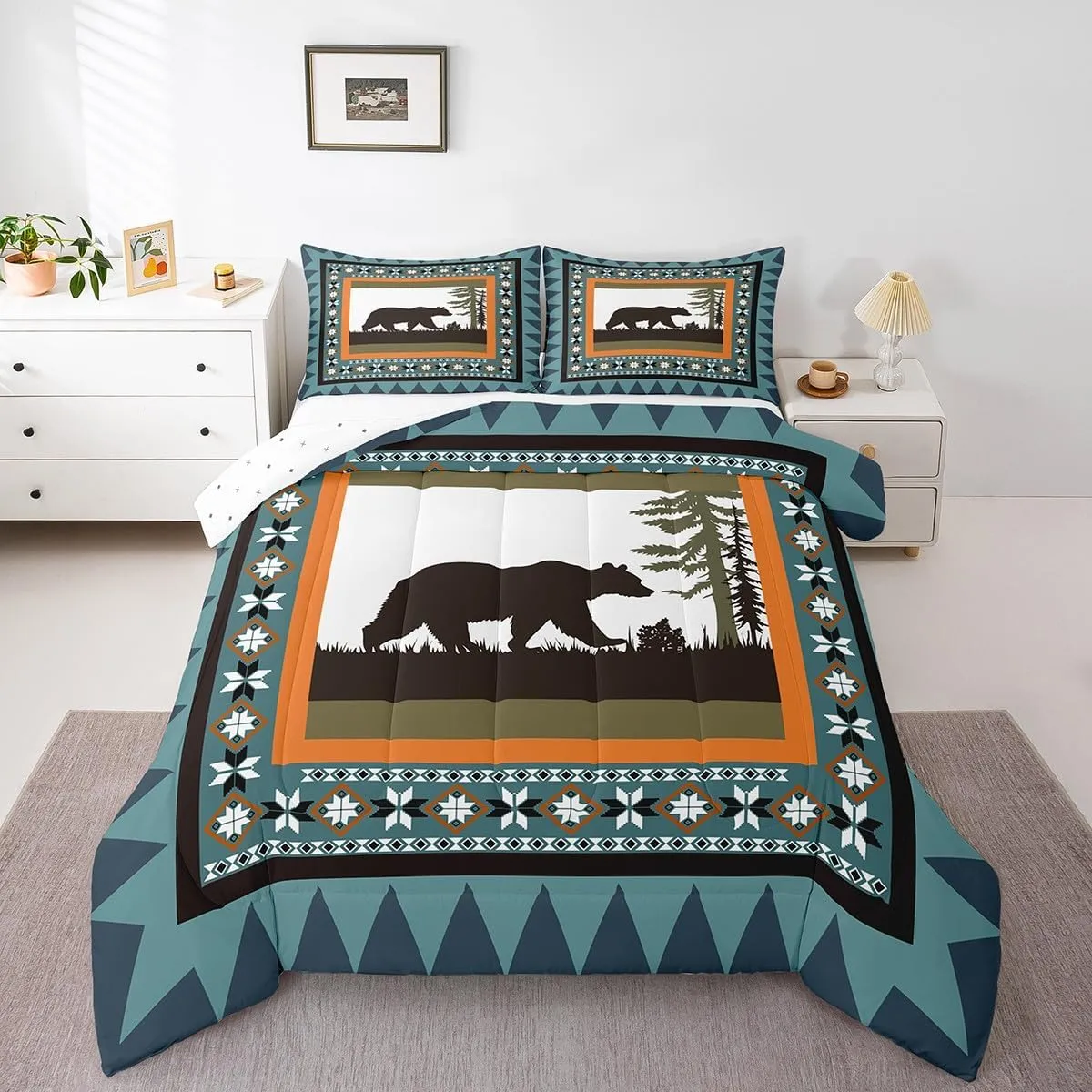 Erosebridal Bear Queen Comforter Set, Rustic Farmhouse Bedding Sets for Kids Boys Teens Adult Women Bedroom Decor, Cabin Country Duvet Insert Tribal Exotic Wildland Animal Down Comforter, Blue