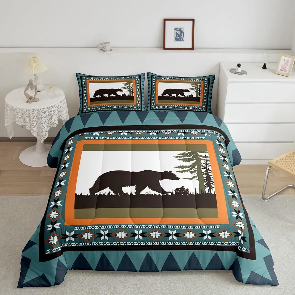 Erosebridal Bear Queen Comforter Set, Rustic Farmhouse Bedding Sets for Kids Boys Teens Adult Women Bedroom Decor, Cabin Country Duvet Insert Tribal Exotic Wildland Animal Down Comforter, Blue